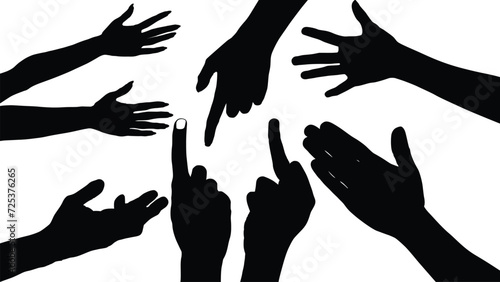 set of hand silhouettes isolated on white, Vector collection of human hands of different gestures, hands gesturing black, Black hands silhouettes, vector illustration