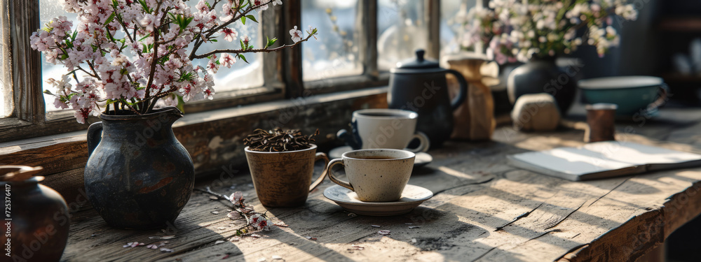 Fototapeta premium A cup of coffee on top of a wooden table