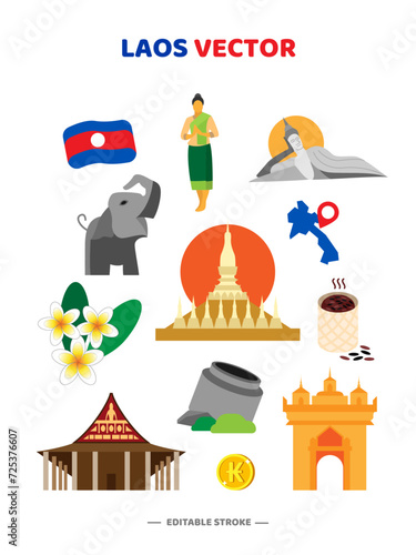 Travel Laos flat icons set. Lao element icon map and landmarks symbols and objects and cuisine collection vector Illustration.	