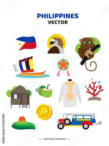 Travel Philippine flat icons set. Filipino element icon map and landmarks symbols and objects and cuisine collection vector Illustration.