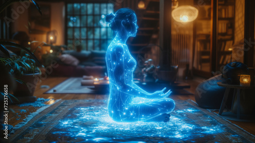 Tech Meet Comfort: cozy home interior comes alive with presence of glowing holographic human figure photo