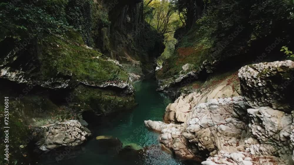 Canyon Martvili, Georgia. River in the canyon. Waterfall. Aerial view. Canyon Martvili, Georgia. River in the canyon. Waterfall. Aerial view.