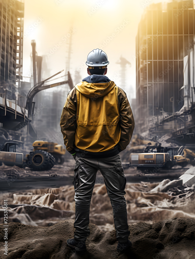 an engineer wearing safety protection hard hat looking towards construction site an engineer wearing safety protection hard hat looking towards construction site