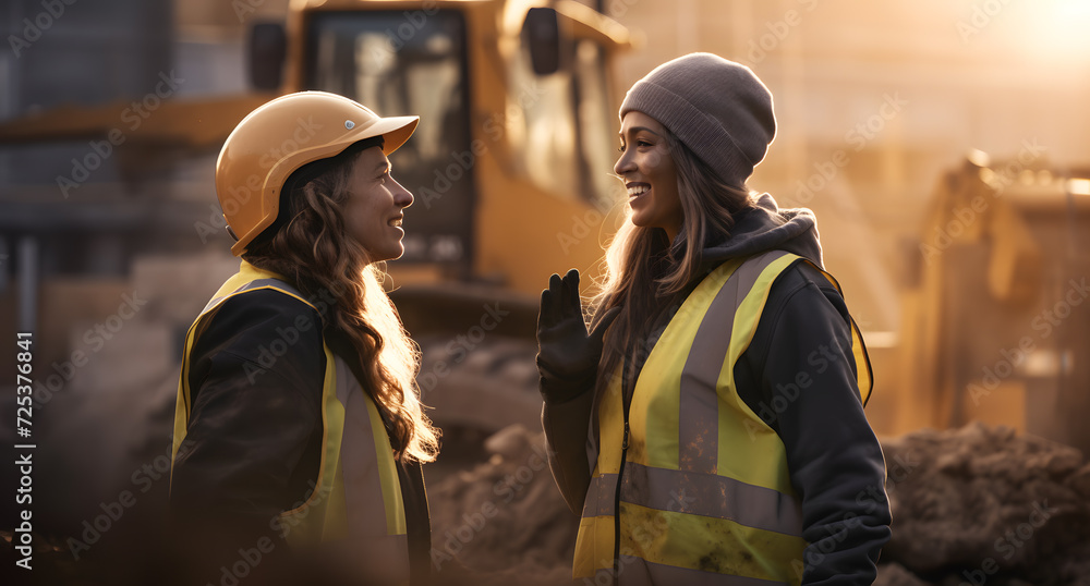 Smiling construction worker, wearing a hard hat,and a reflective vest, stands confidently at a construction site. Smiling construction worker, wearing a hard hat,and a reflective vest, stands confidently at a construction site.