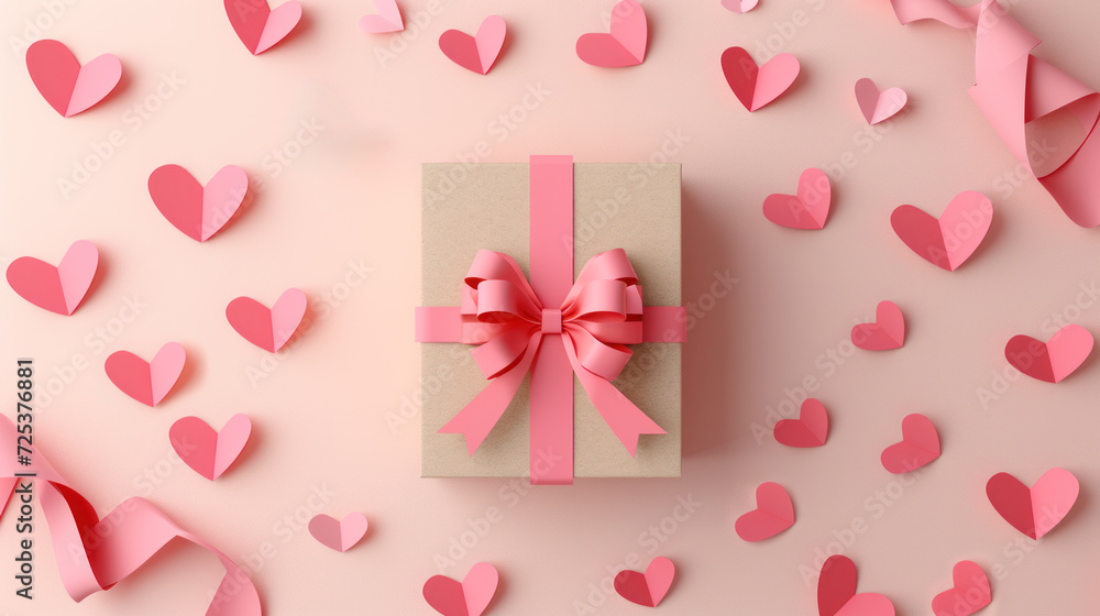 Valentine's Day Gift Box with Pink Hearts on Pastel Background.