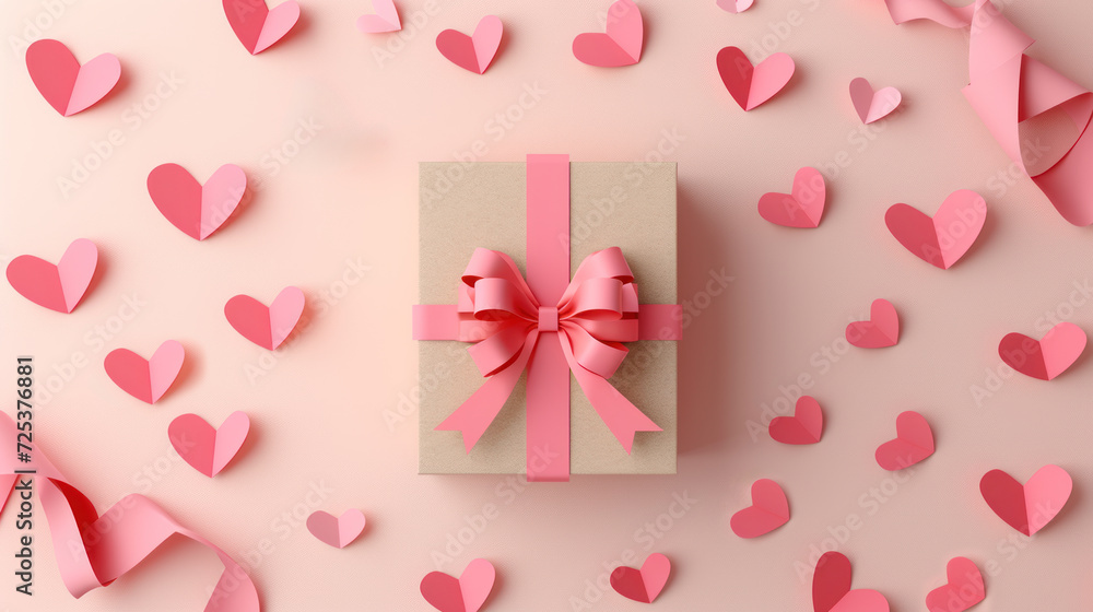 Valentine's Day Gift Box with Pink Hearts on Pastel Background. Valentine's Day Gift Box with Pink Hearts on Pastel Background.