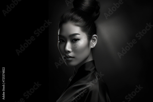 black and white portrait of beautiful asian woman fashion in studio