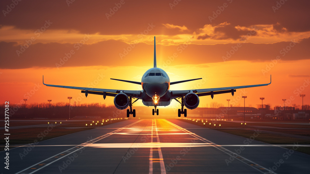 Plane landing in sunrise Plane landing in sunrise