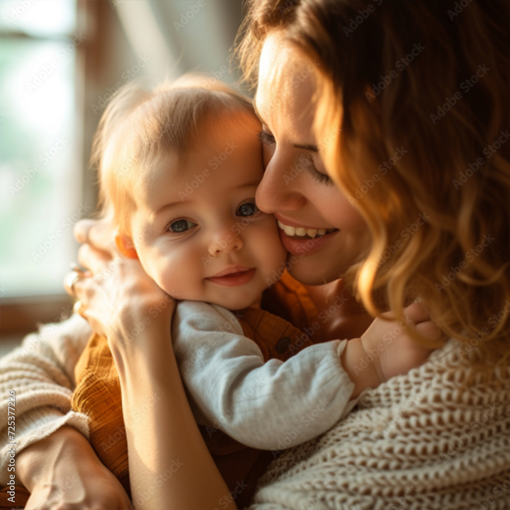 Loving mother hugs her little baby at home ai technology Loving mother hugs her little baby at home ai technology
