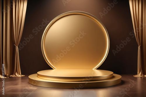 Luxury gold podium presentation on 3d product display background with golden fashion fabric stand and premium stage studio