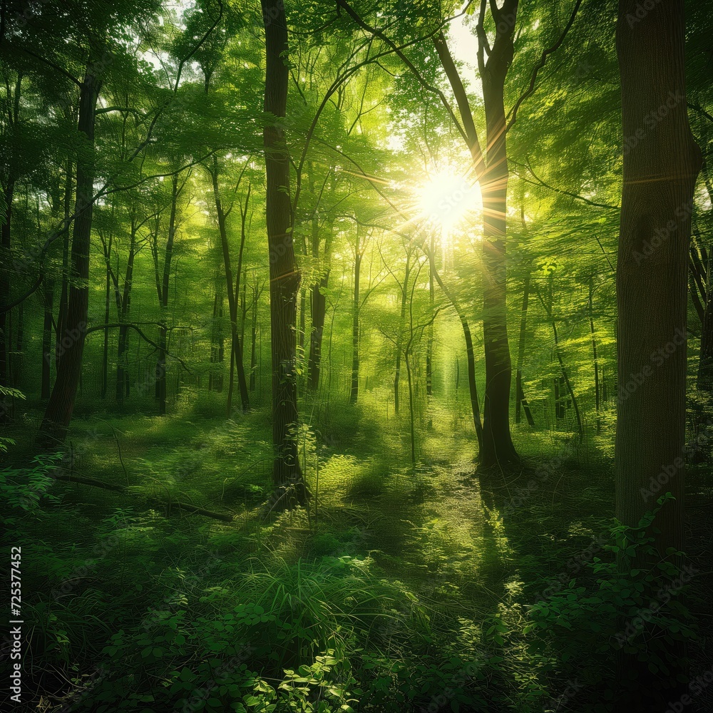 Obraz premium Scenic sun light true green forest trees