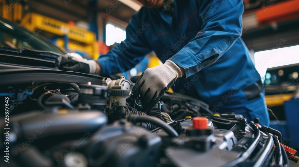 Mechanic with gloves repairing a car engine inside a garage Mechanic with gloves repairing a car engine inside a garage
