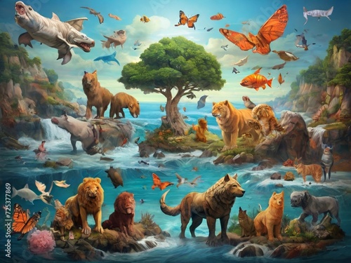 animals and birds with tree