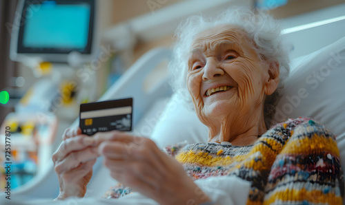 close up a face smile and happy a old woman is Holding a credit card in front of you on wheelchair or bed in the hospital, shopping online concept.