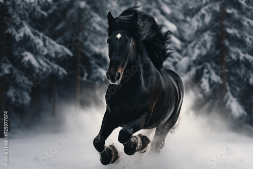 Experience the mystic beauty of a black horse galloping through snow  blending raw power and dark elegance in a serene  masculine atmosphere.