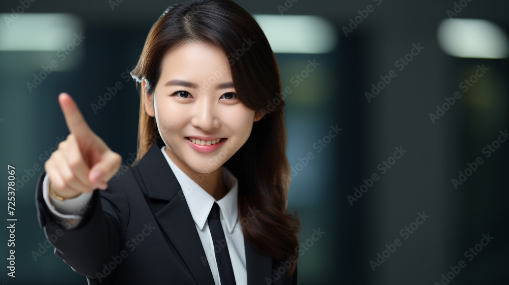 Smiling asian business woman pointing up and looking at camera Smiling asian business woman pointing up and looking at camera