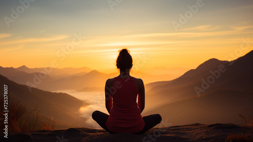 Silhouette of back view of girl yoga meditating sunrise on beach