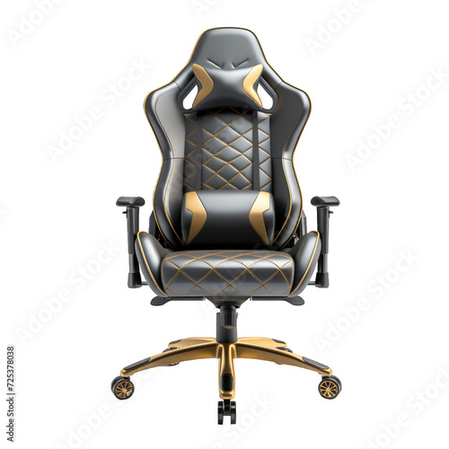 Front view of Strong gray and gold lack and golden gaming chair on a cutout PNG transparent background photo
