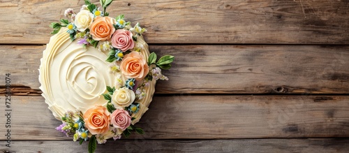 Round buttercream cake with a floral decoration on a wooden background. photo