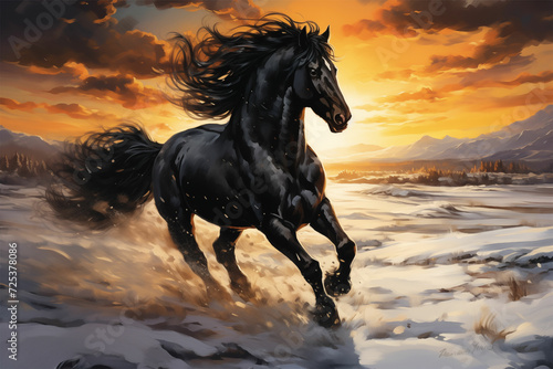 Captivating black horses in the snow at sunset, blending mythical symbolism, magewave style, and characterized animals.