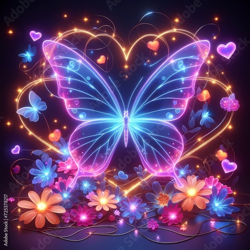 A shiny transparent butterfly, some hearts, some flowers. 