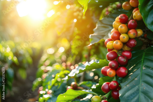 ripe coffee fruits on a tree at a coffee plantation close-up, copy space