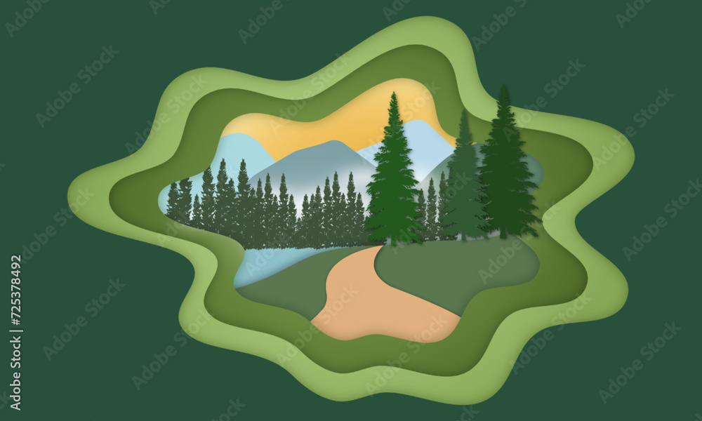 Forest landscape with pine trees and mountains, and a peaceful sky, illustrator paper art or paper cut style.