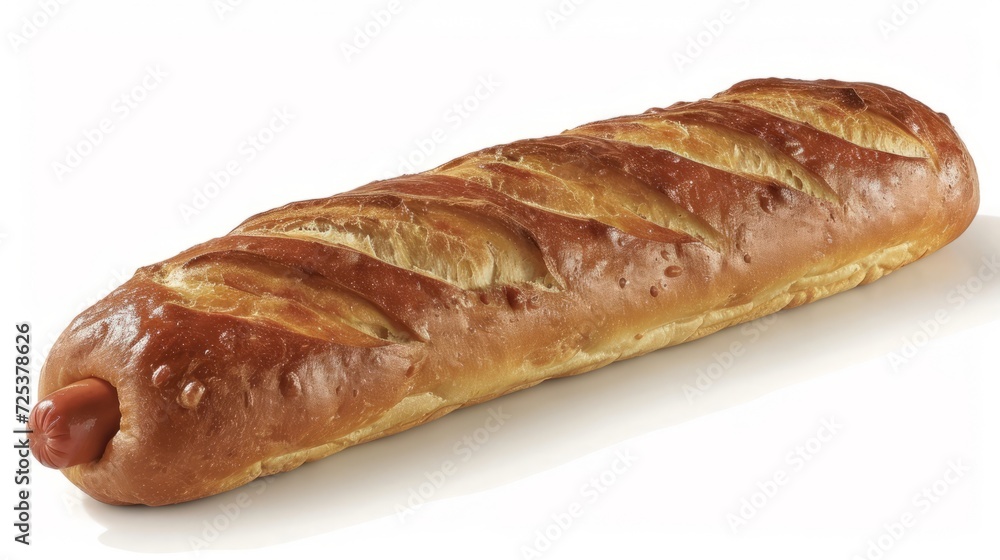 A long loaf of bread is placed on a white surface. A long loaf of bread is placed on a white surface.