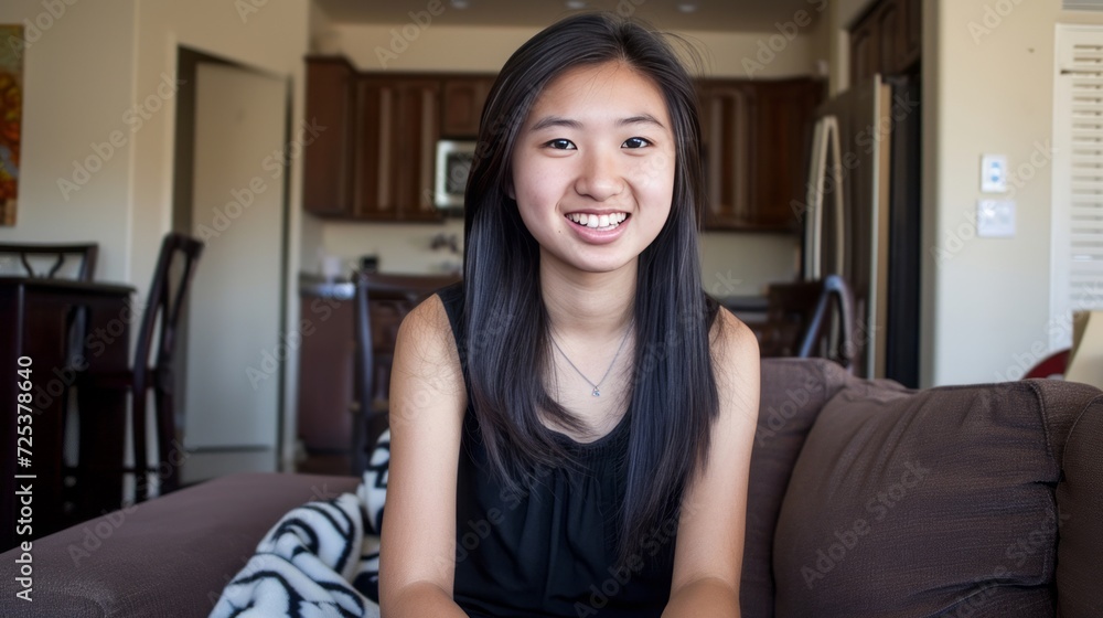 A portrait of a young woman sitting on a couch in a living room is depicted. A portrait of a young woman sitting on a couch in a living room is depicted.