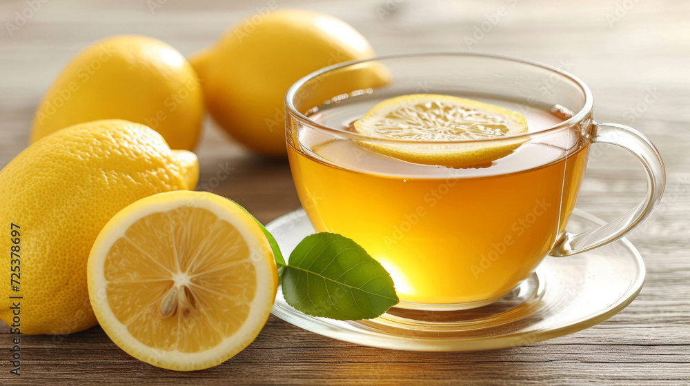 A cup of tea with lemons next to it is prepared, resembling lemonade. A cup of tea with lemons next to it is prepared, resembling lemonade.