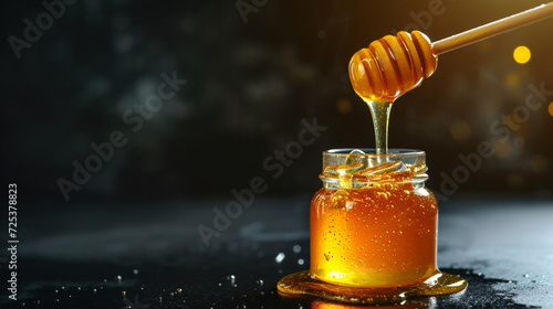 Honey dipper and pouring honey with glass jar