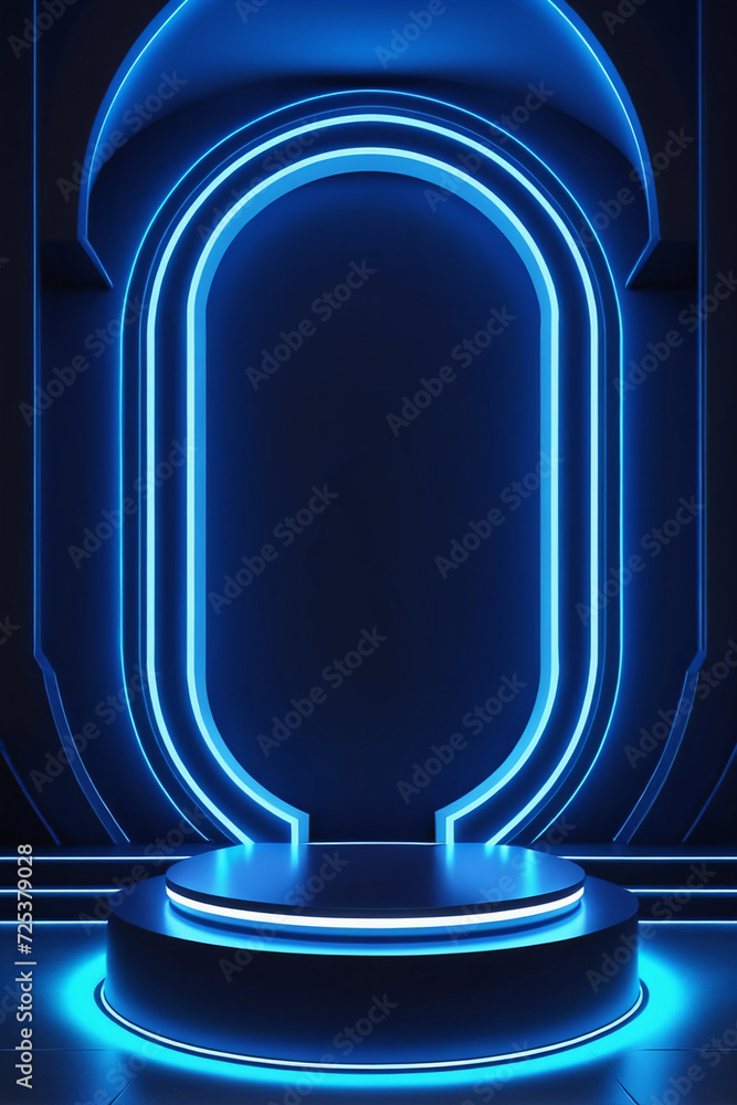 Abstract realistic 3d blue cylinder pedestal podium with Sci-fi dark blue abstract room with semi circle glowing neon lighting scene - Product showing Abstract realistic 3d blue cylinder pedestal podium with Sci-fi dark blue abstract room with semi circle glowing neon lighting scene - Product showing