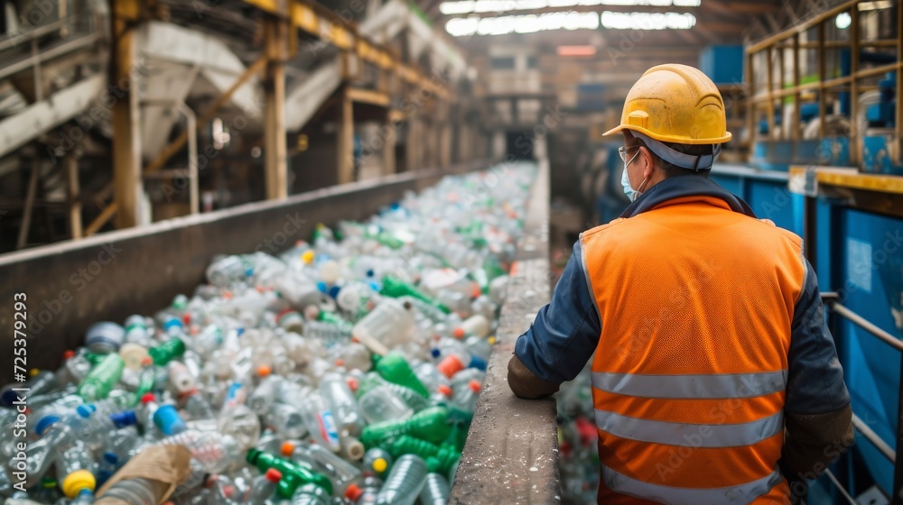 A worker controls the recycling of a recycling plant. Plastic bottles and plastic waste A worker controls the recycling of a recycling plant. Plastic bottles and plastic waste