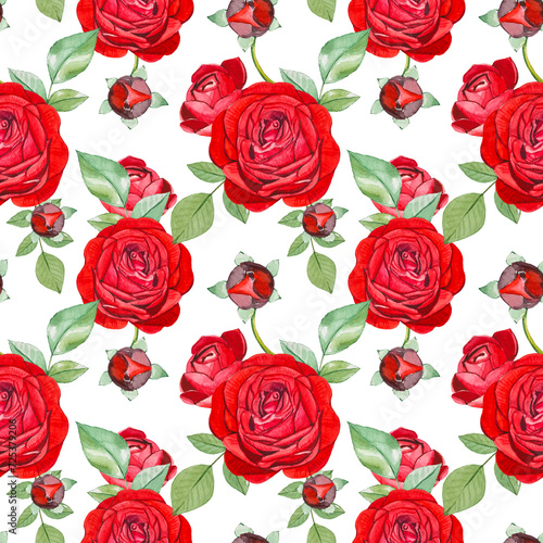 Seamless floral pattern with red roses on a white background