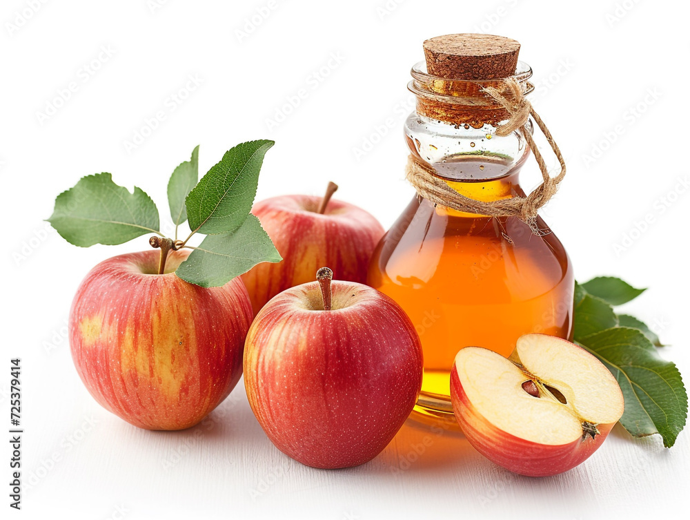 Apple vinegar in the bottle and apple fruits isolated on a white background.. Apple vinegar in the bottle and apple fruits isolated on a white background..