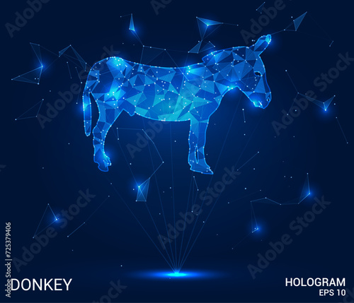 The hologram is a donkey. A donkey made of polygons, triangles of points and lines. The donkey is a low-polygonal compound structure. Technology concept vector.