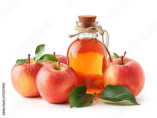 Apple vinegar in the bottle and apple fruits isolated on a white background.. 