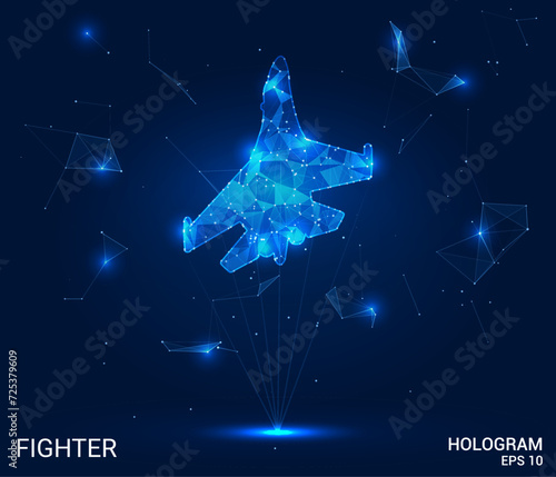 A hologram fighter. A military aircraft made of polygons, triangles of dots and lines. Fighter low-poly compound structure. Technology concept vector.