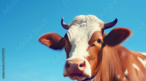 Close-up of a cow under a blue sky, symbolizing sustainable farming and environmental consciousness