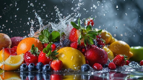 Fresh Fruits Splashed with Water Droplets