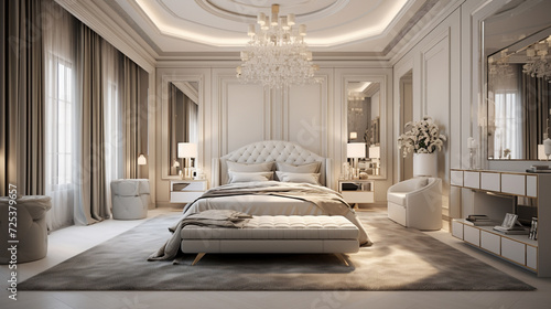Luxury master bedroom. White tone. Generative AI photo