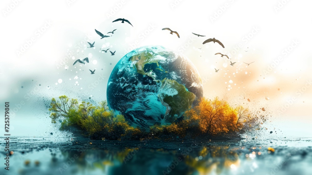 Concept of World Earth Day and Nature Protection. Realistic image of the earth with animals and plants.