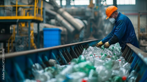 A worker controls the recycling of a recycling plant. Plastic bottles and plastic waste