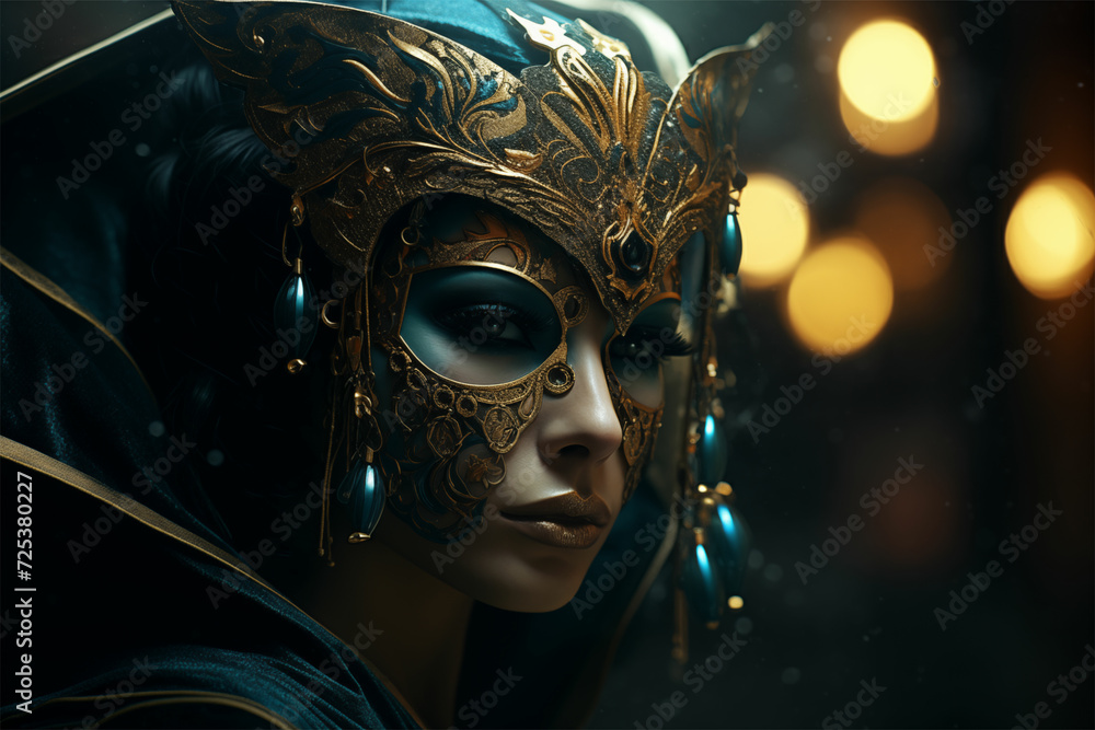 Enchanting masquerade elegance: a woman adorned with a mask, vray tracing, intense close-ups, in dark teal and gold, embodying folkloric and fantasy realism.