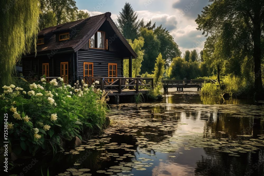 Wooden house by the lake in the countryside. Ai generate.
