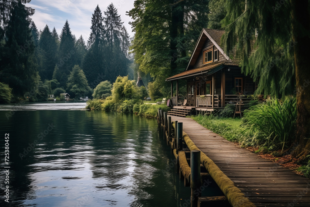 Wooden house by the lake in the countryside. Ai generate. Wooden house by the lake in the countryside. Ai generate.