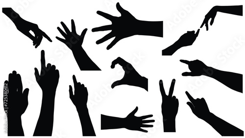 set of hand silhouettes isolated on white, Vector collection of human hands of different gestures, hands gesturing black, Black hands silhouettes, vector illustration