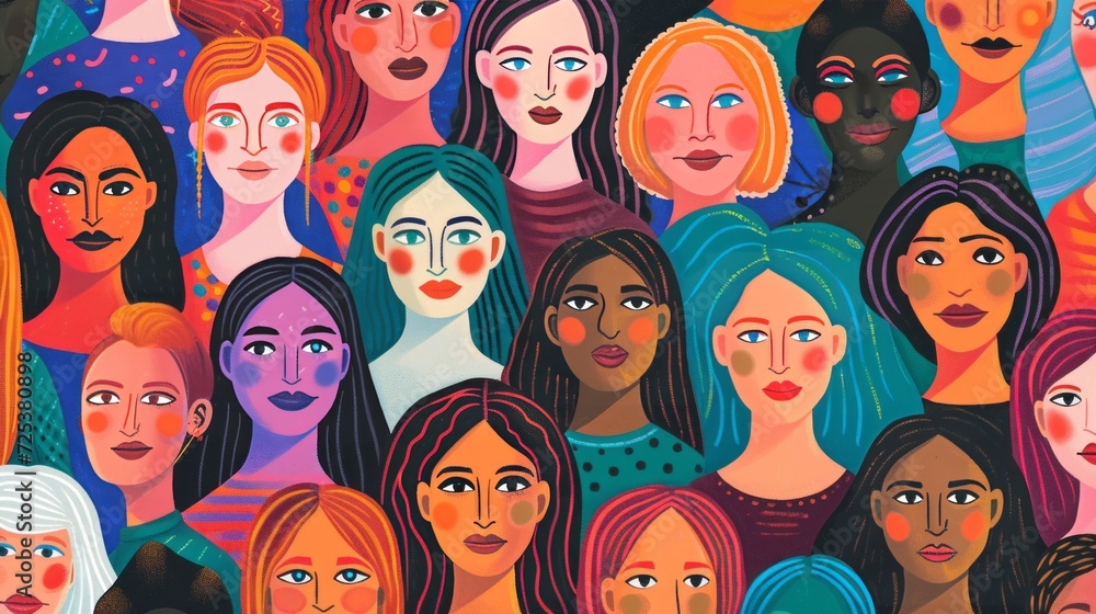 A large group of women with different colored hair is depicted in a colorful editorial illustration, forming a portrait of a female. A large group of women with different colored hair is depicted in a colorful editorial illustration, forming a portrait of a female.