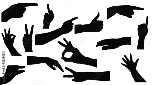 set of hand silhouettes isolated on white, Vector collection of human hands of different gestures, hands gesturing black, Black hands silhouettes, vector illustration
