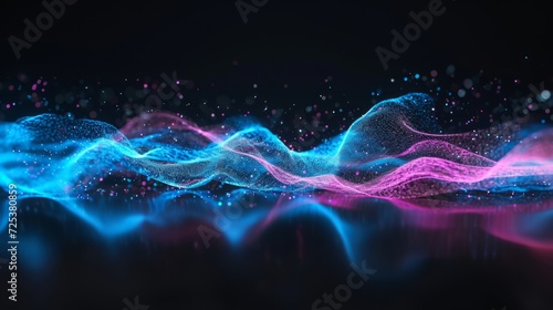 A blue and pink wave on a black background creates a quantum tracing effect with magic particles and swirls. photo